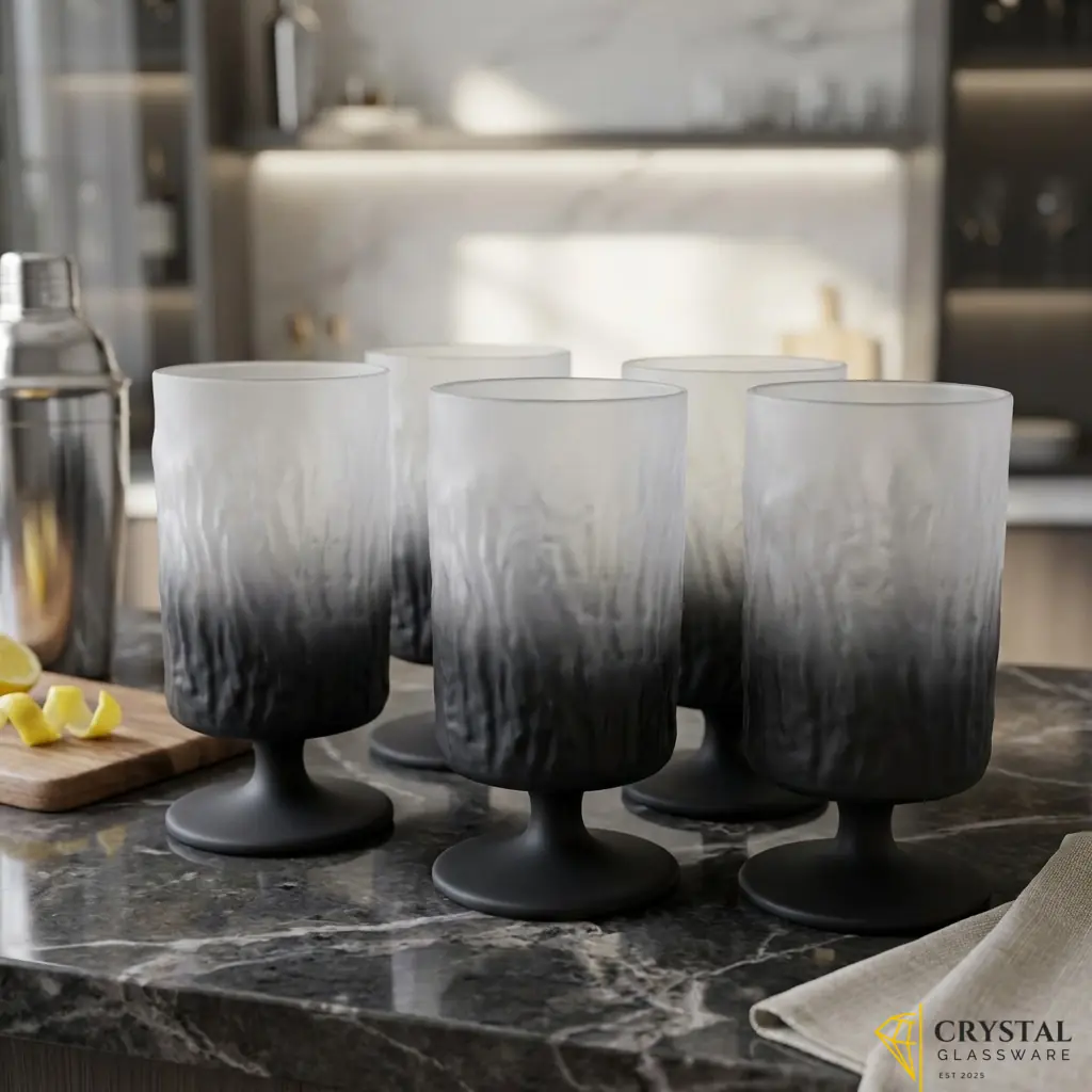 Frosted ombre glass goblets with black base and textured design.